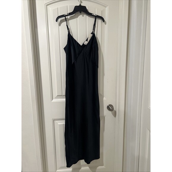A New Day Women's Black Silky Slip Dress Side Slit Midi Spaghetti Strap Size M - Picture 3 of 10